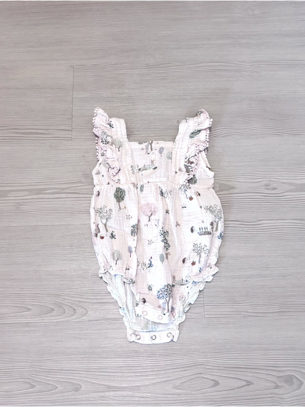 Elegant Baby Soft Pink Woodland Print Organic Muslin Bubble Romper